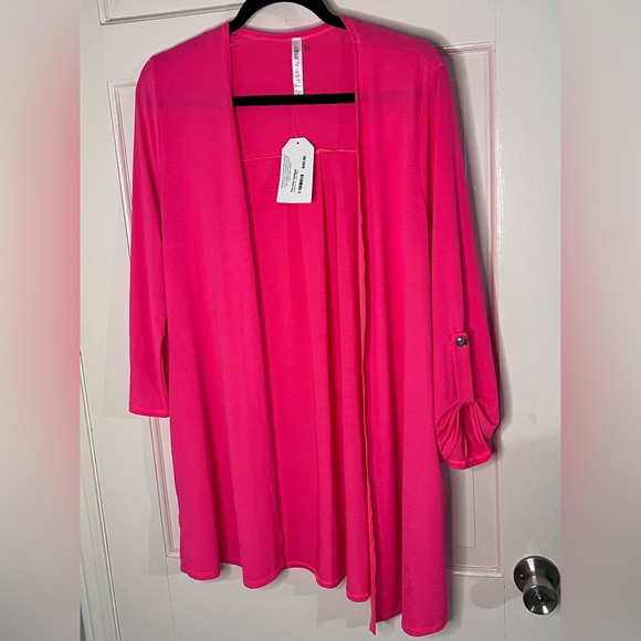 Dear Scarlett Sweaters - “The Lizzy Cardigan” Open-Front Hot Pink Women's Cardigan with Roll-Tab Sleeves